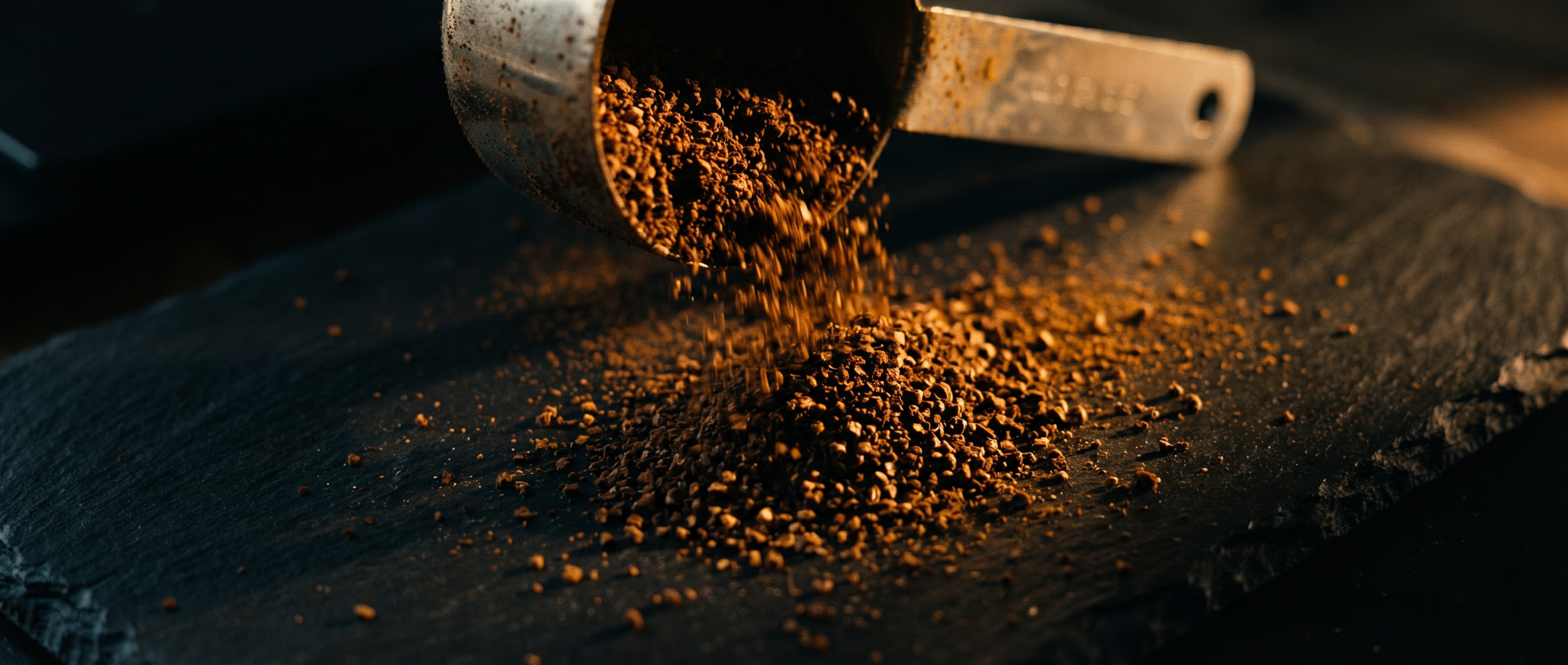 Coffee grounds being scooped — BCCB small batch process